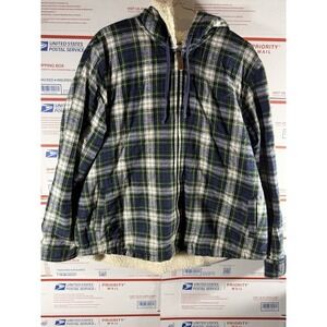 L.L. Bean Scotch Plaid Flannel Hoodie Womens XL Sherpa Fleece Lined Zip Shirt